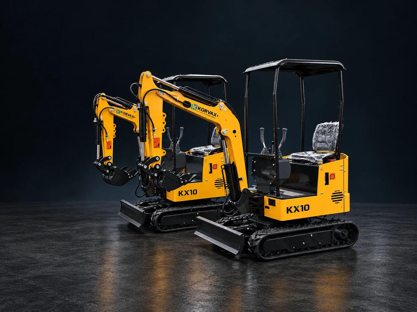 Duas mini escavadeiras Korvax KX10 amarelas lado a lado, com lança, capota e esteiras.