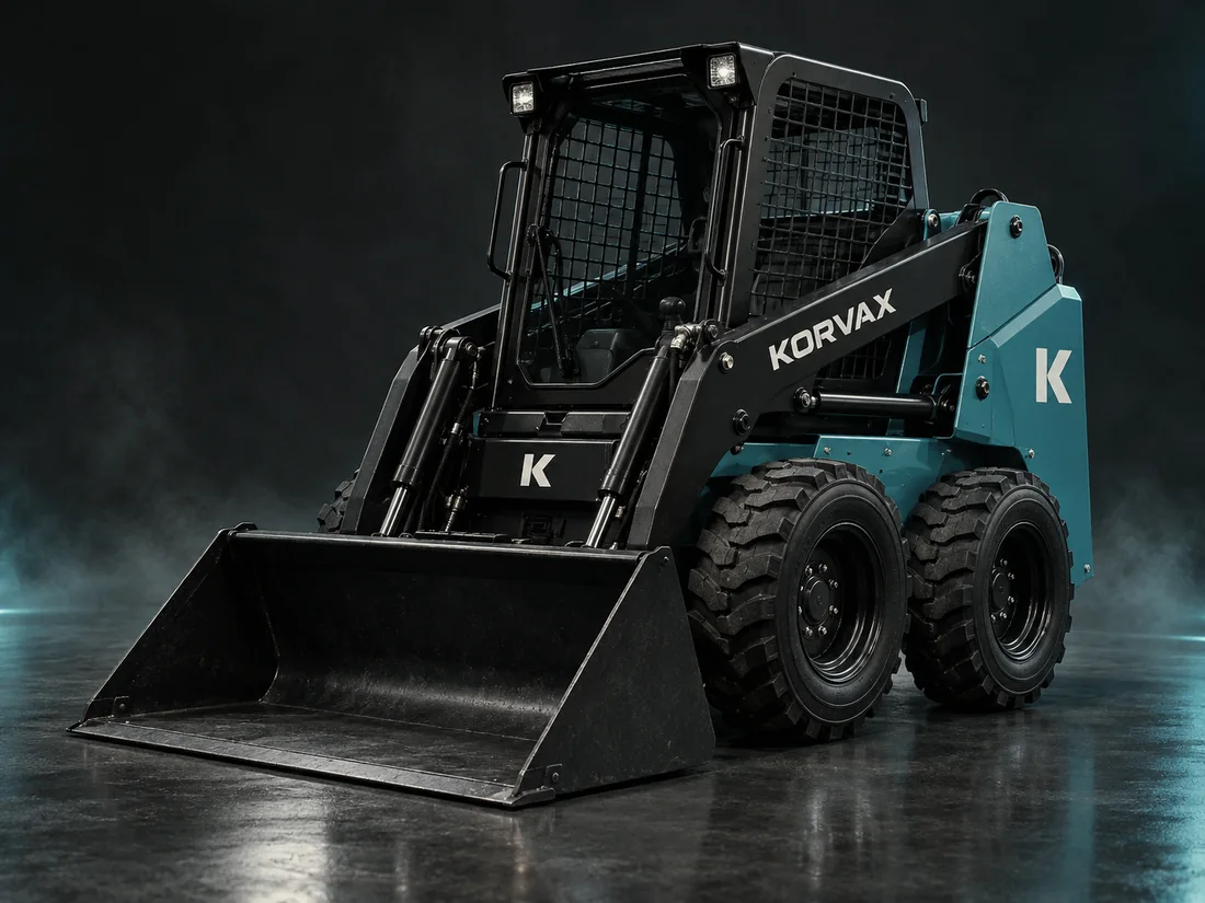 Mini carregadeira Korvax sobre rodas, com caçamba frontal.