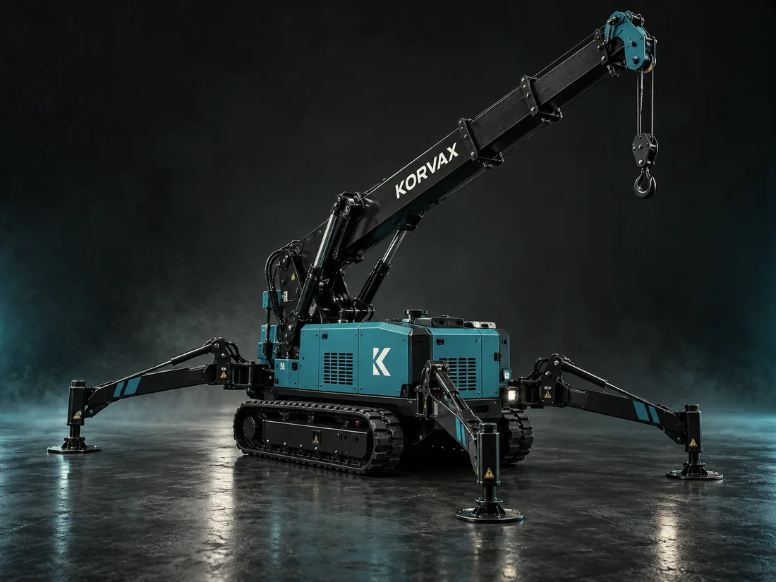Mini guindaste Korvax com lança telescópica e sapatas de apoio.